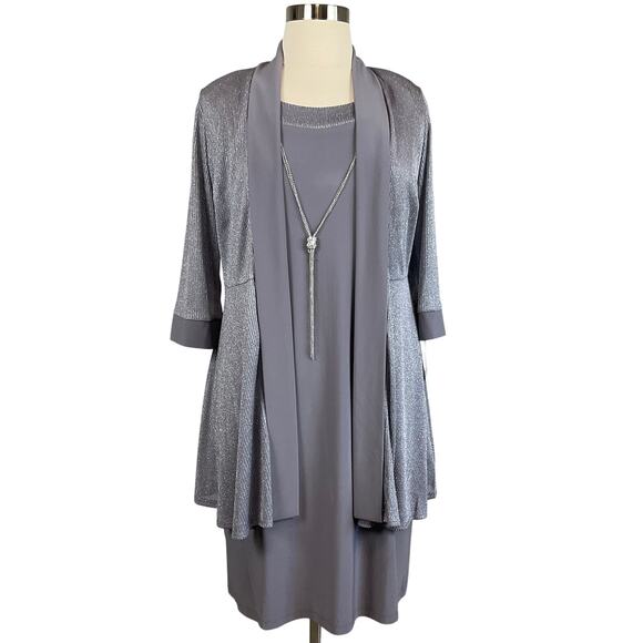 Two-Piece Shift Cocktail Dress and Jacket Size 14W Silver Metallic R&M Richards - Picture 1 of 15